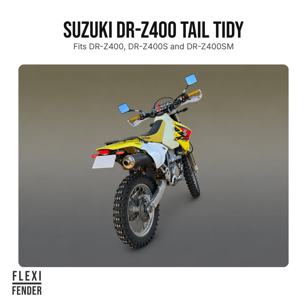 Suzuki DR-Z400 with Flexi Fender tail tidy installed, rear three-quarter view