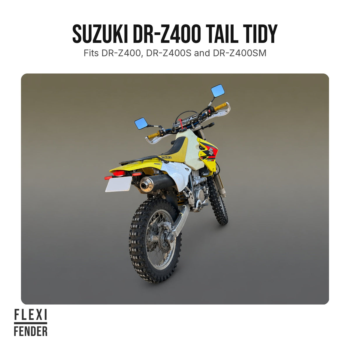 Suzuki DR-Z400 with Flexi Fender tail tidy installed, rear three-quarter view