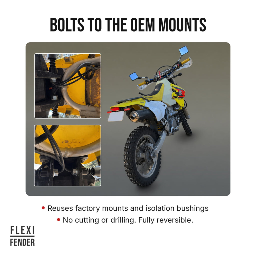 Flexi Fender DR-Z400 tail tidy bolts to the OEM mounts with no cutting or drilling