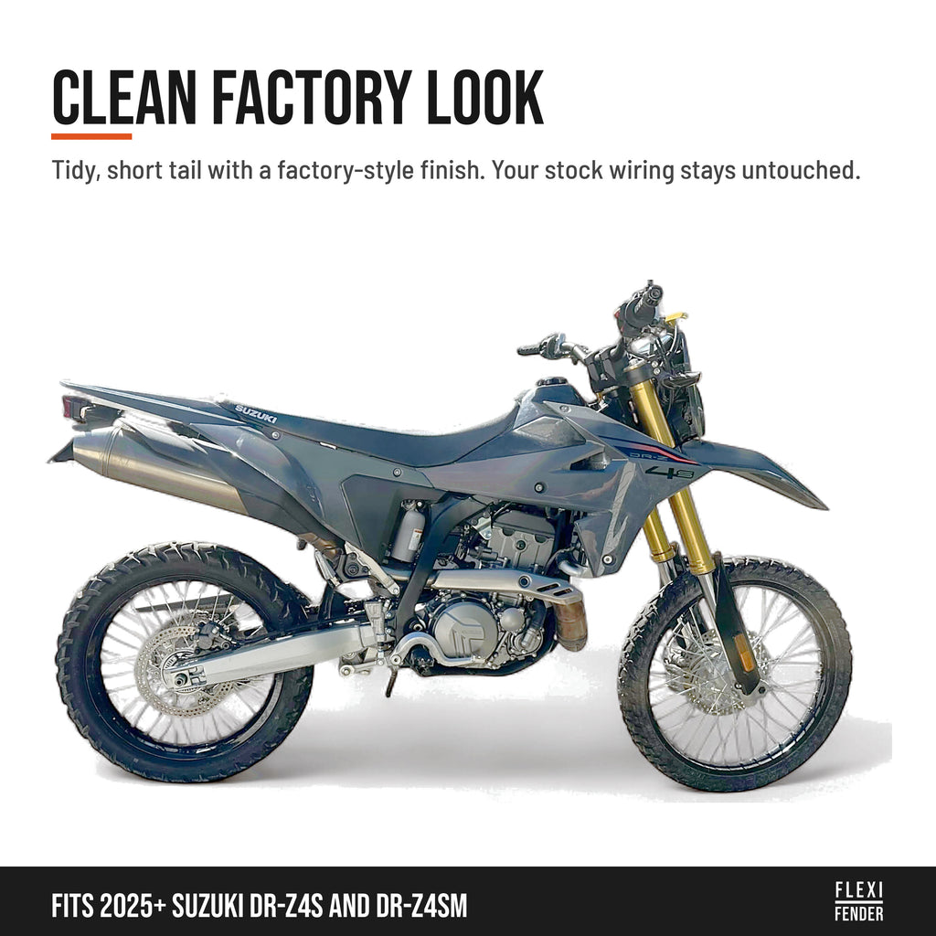 Side view of a Suzuki DR-Z4S with the Flexi Fender tail tidy for a clean factory look