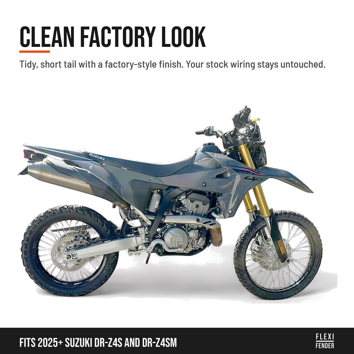 Side view of a Suzuki DR-Z4S with the Flexi Fender tail tidy for a clean factory look