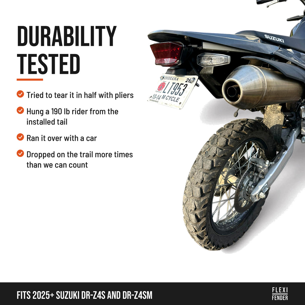 Durability tested: close-up of the Flexi Fender tail tidy, plate and rear wheel on a Suzuki DR-Z4S