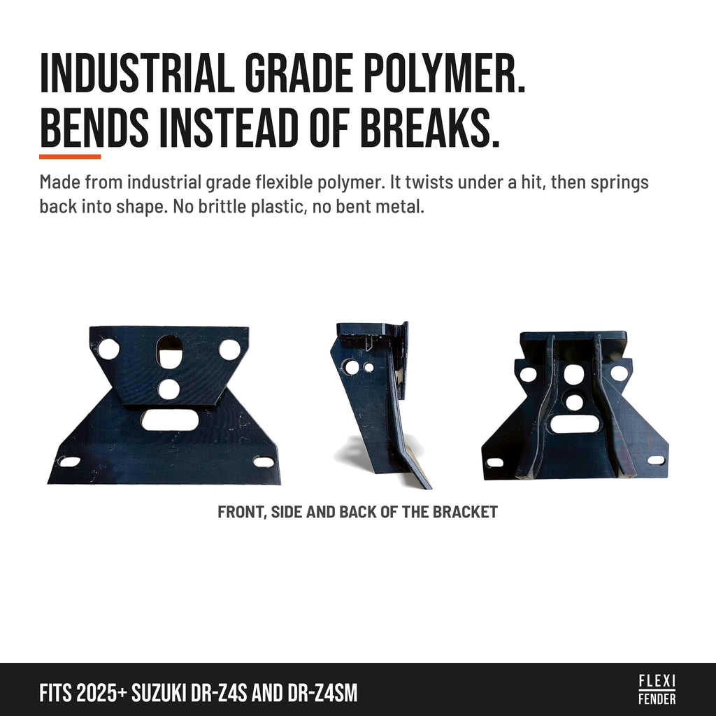 Front, side and back of the Flexi Fender bracket, made from industrial grade flexible polymer
