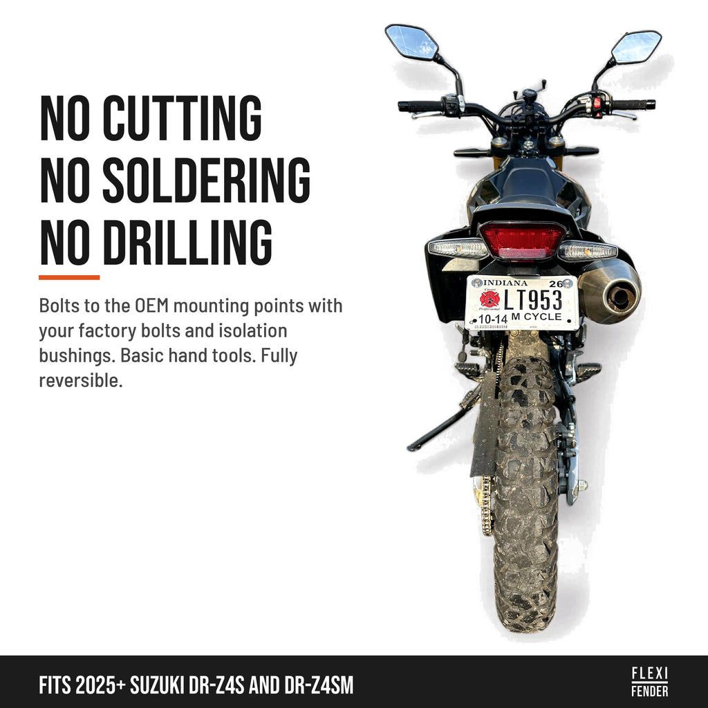 No cutting, no soldering, no drilling: Flexi Fender tail tidy installed on a Suzuki DR-Z4S, full rear view