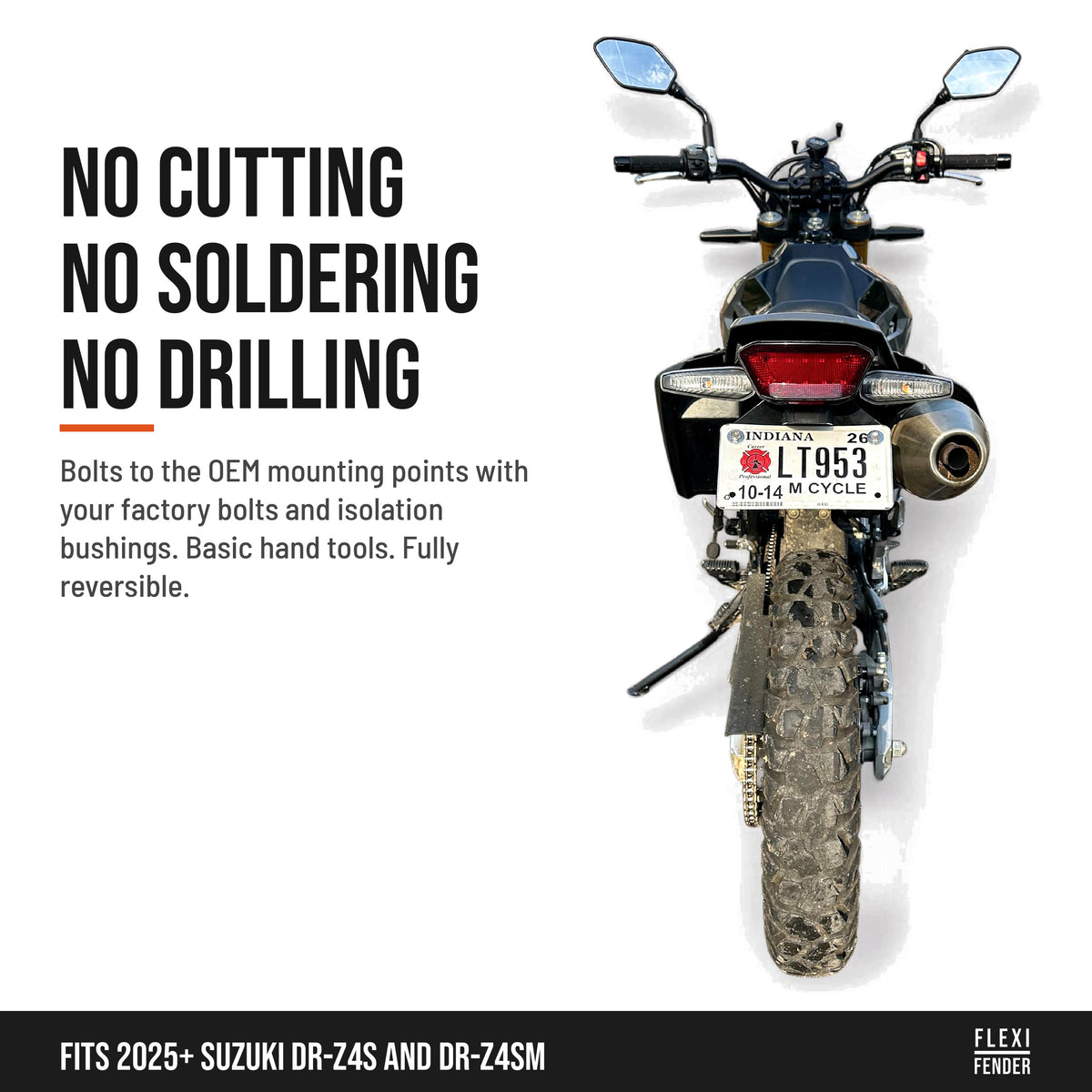 No cutting, no soldering, no drilling: Flexi Fender tail tidy installed on a Suzuki DR-Z4S, full rear view