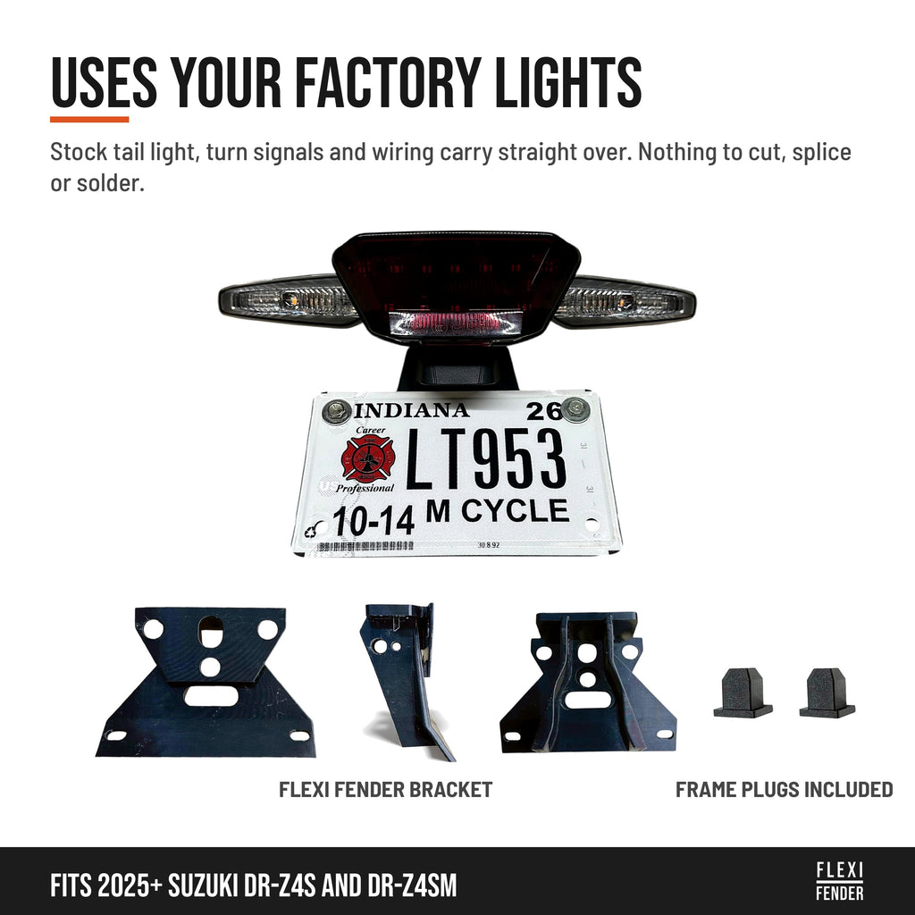 Flexi Fender for DR-Z4S uses your factory lights, shown with the bracket and included frame plugs