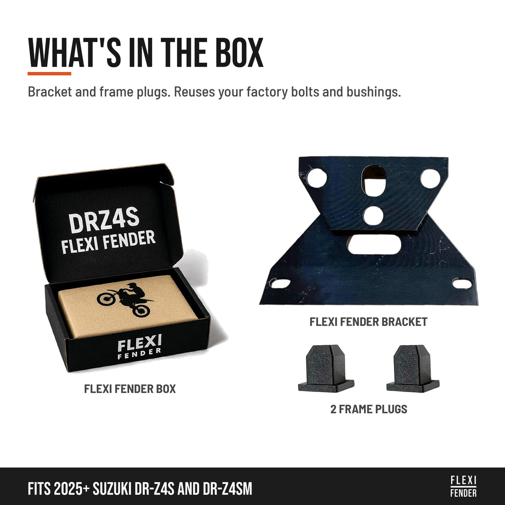 What's in the box: Flexi Fender DR-Z4S box, tail tidy bracket and 2 frame plugs